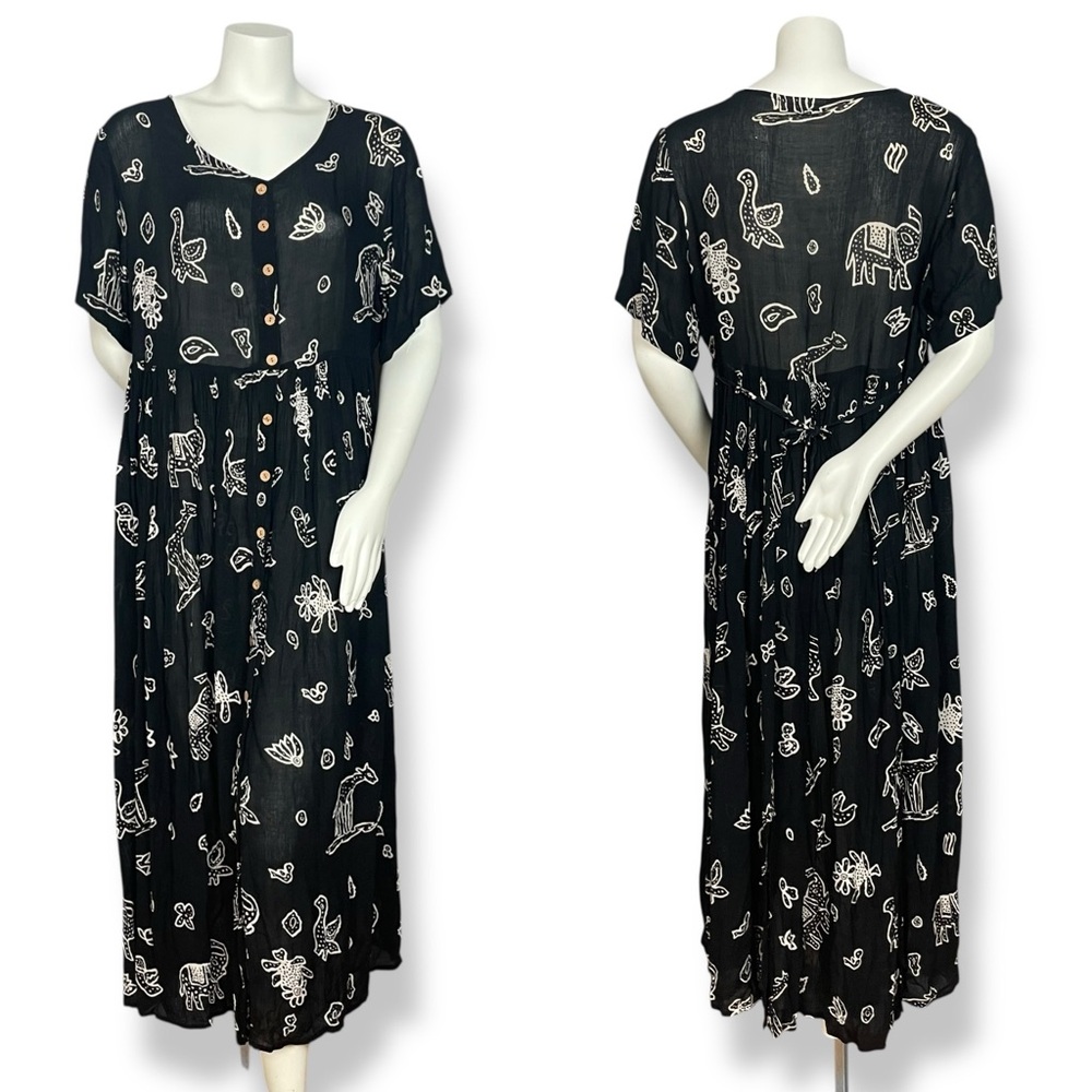 Vintage Boho Dress Tie Waist Short Sleeves Animal Jasmine by KVM Button-Up Front